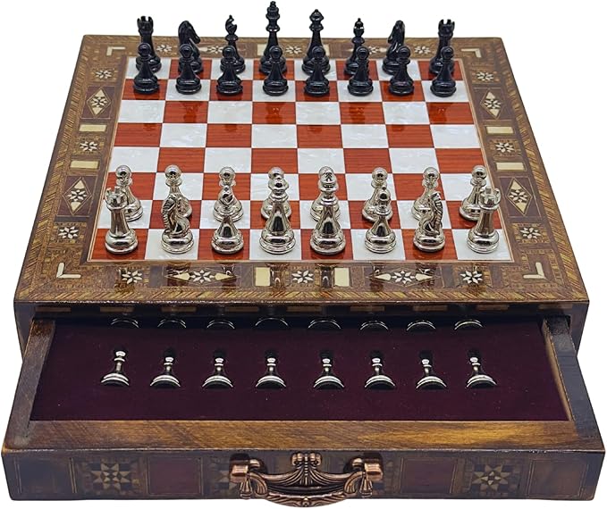 12.6’’ Handmade Walnut Chess Set with Zamak Metal Pieces, Wooden Chess Set with Storage, Birthday Gift for Him, Handmade Chess Gift, for Him (Black-Silver Pieces)