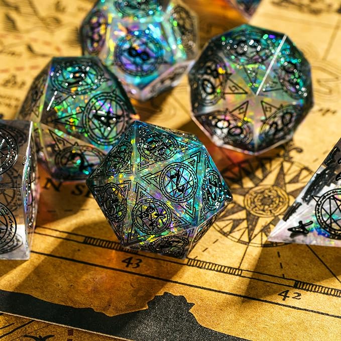 Cusdie 7-Die Sharp Edges DND Dice Set, Magic Circle Pattern Polyhedral D&D Dice Set for DND Dungeons and Dragons TTRPG Role Playing Games