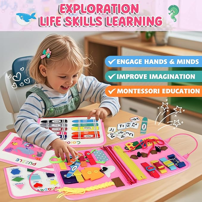 Busy Board for Toddlers 2-4, Busy Book for Toddlers 1-3 3-5 Montessori Busy Board Toys Learning Preschool Educational Sensory Board for 1 Year Old Quiet Book Car Airplane Activities for Toddlers 1-3