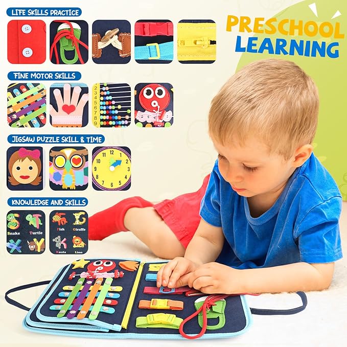 Montessori Busy Board Toys, Sensory Board for Toddlers 1-3, Travel Felt Busy Book for Airplane Car, Activity Busy Mat for Learning Fine Motor Skills Suits Boys Girls Birthday Gifts Blue/P2