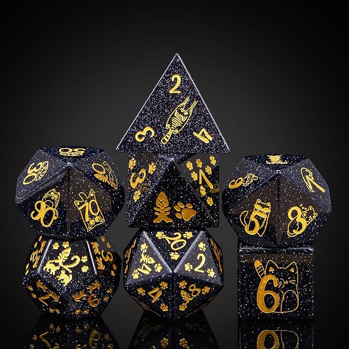 UDIXI Gemstone DND Dice Set Blue Sandstone Dice with Cute Cat Pattern, Stone Dice for Dungeons and Dragons Tabletop Game
