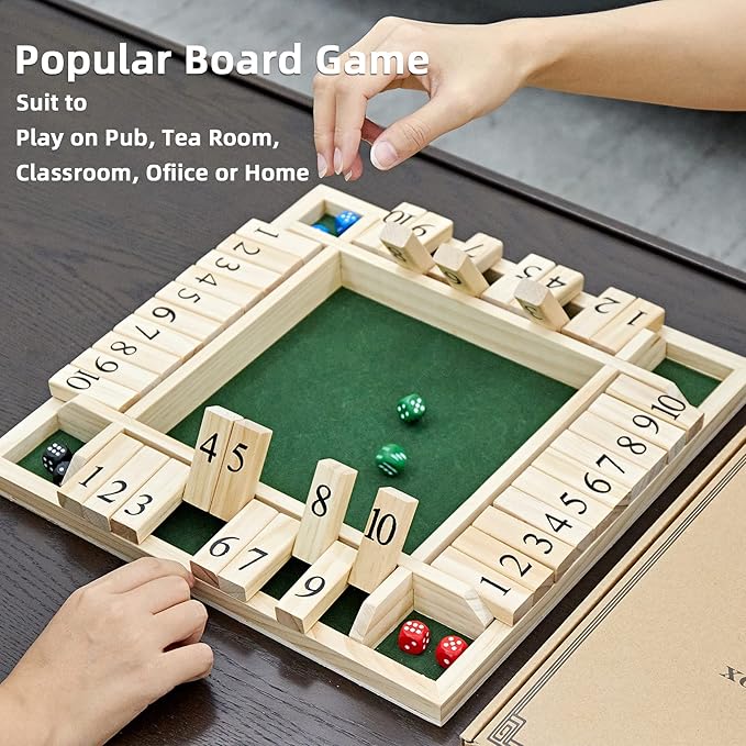 ApudArmis 4-Way Shut The Box 14 Inches, Large Wooden Board Game Set with Dice, Shut-The-Box for Kids & Adults - Learning Addition Classroom Home Party Pub