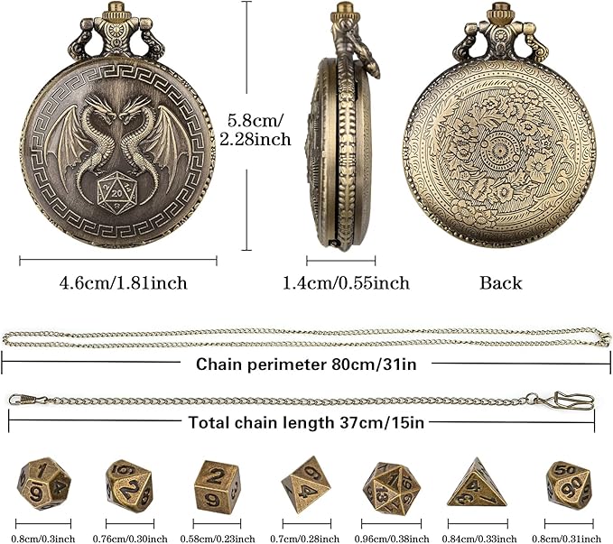 Mini DND Dice Set with Steampunk Double Dragon Pocket Watch Case, Tiny 7-Piece Polyhedral Metal D&D Dice, DND Gifts with Gift Box, Role Playing Game Board Game Accessories Dice, Bronze