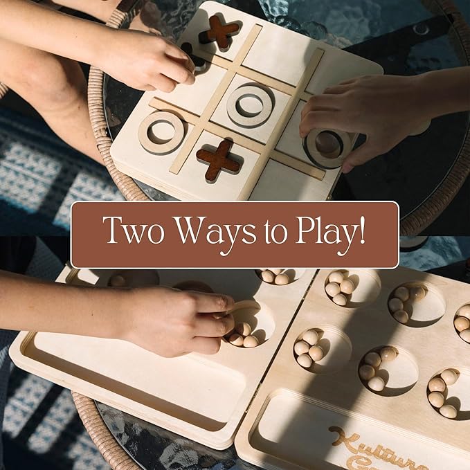 Kulture Games 2-in-1 Mancala Tic Tac Toe Board Game Set – Wooden Folding Mancala Game for All Ages – Portable, Aesthetic Design – Strategic Family Game Set for Travel, Kids, and Adults