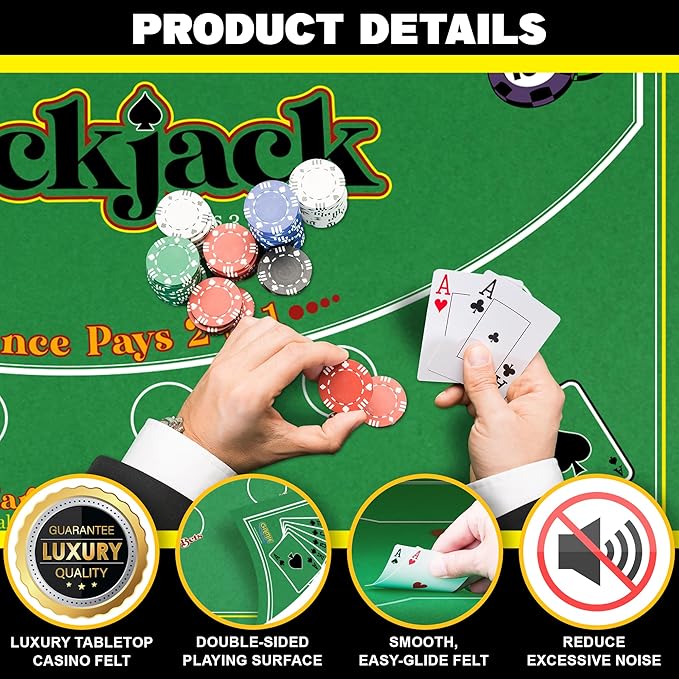 Gamie Double Sided Felt Casino Mat, 36” x 72” for Blackjack & Texas Hold’em Poker, 2-in-1 Texas Holdem Poker Mat & Blackjack Mat, Professional Grade Poker Tabletop Mat with Instructions Booklet