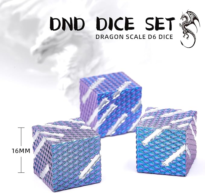 DND Dice Set 6-Piece 16mm Zinc Alloy Metal RPG Dice with Dragon Scale Design for Dungeons and Dragons, Tabletop Role Playing Games (Ls-Gradient Blue Pink