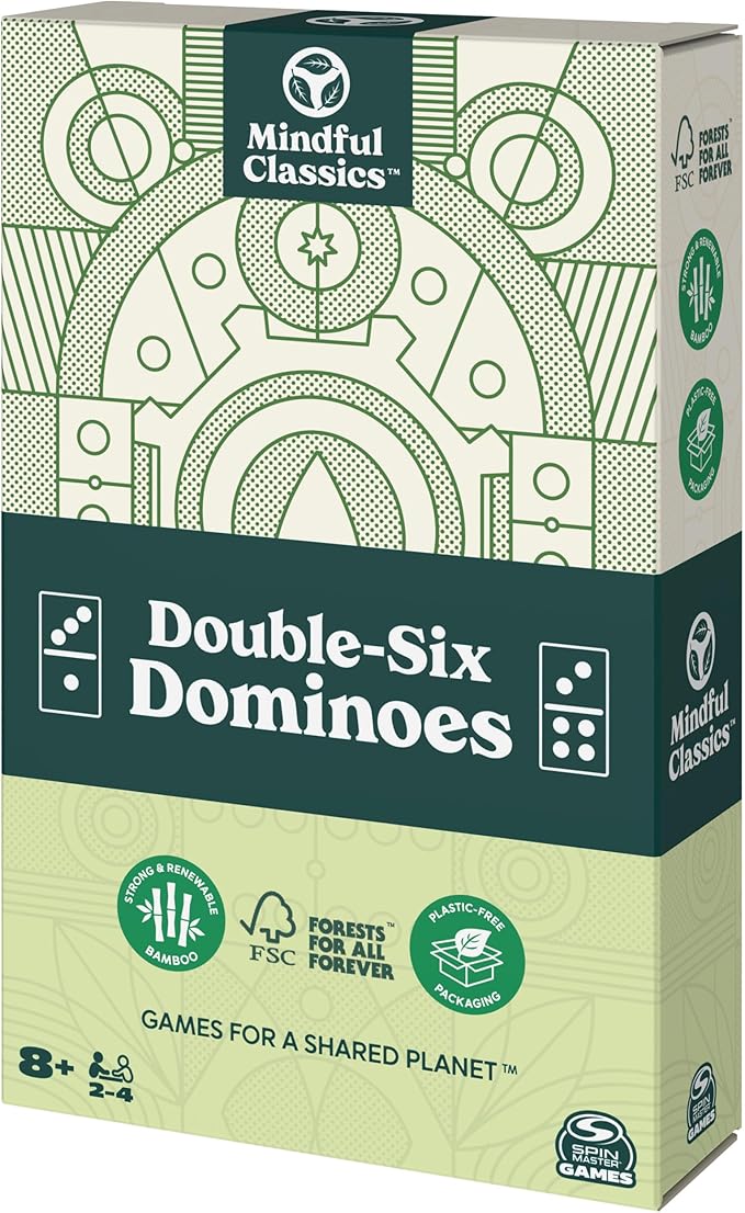 Mindful Classics, Double-Six Wood Dominoes Set Sustainable Classic Games with Wood Storage Case, for Adults and Kids Ages 8 and up
