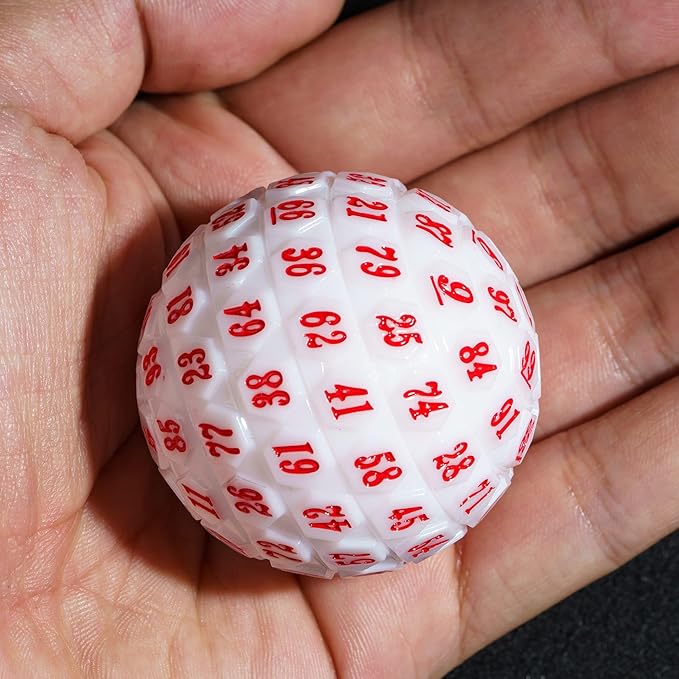 100 Sided Polyhedral Dice, Single D100 Game Dice, 100 Sided Cube with Black Pouch, D100 die 48 mm (White with Red Number)