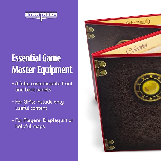 Stratagem The Master's Tome 4-Panel Customizable GM Screen with Free Inserts – Dry Erase, Dungeon & Game Master Accessory for Tabletop RPG Campaigns (Brown)