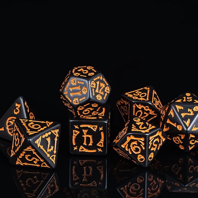 7-Die DND Dice Set Halloween Pattern Polyhedral Dice Set with Leather Bag, Skull Dice D&D Dice Set for Dungeons and Dragons RPG Table Games (Halloween Pattern-Black)