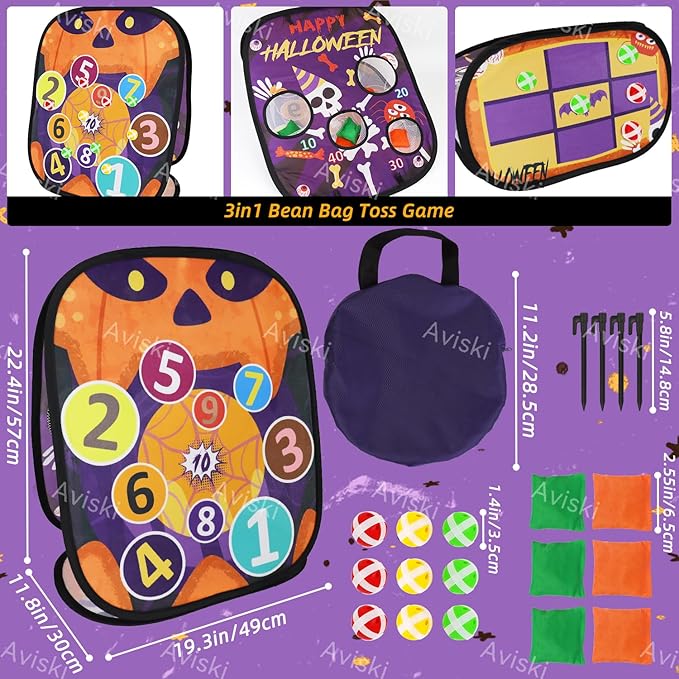 Halloween Bean Bag Toss Games - Outdoor/Indoor Activities for Family with Skull Pumpkin Spider Pattern and Scores