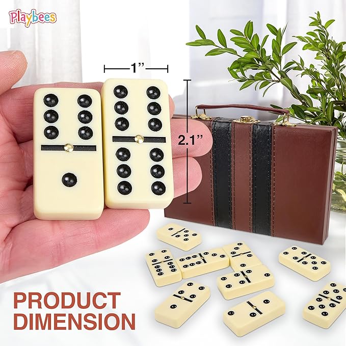 Dominos Set for Adults and Kids, Large Jumbo Double Six Dominoes Set with Spinner, Extra Thick Ivory Big Dominoes in Wooden Case, Family Game