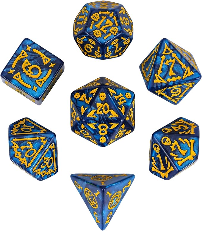 7-Die DND Dice Set Halloween Pattern Polyhedral Dice Set with Leather Bag, Skull Dice D&D Dice Set for Dungeons and Dragons RPG Table Games (Halloween Pattern-Blue)