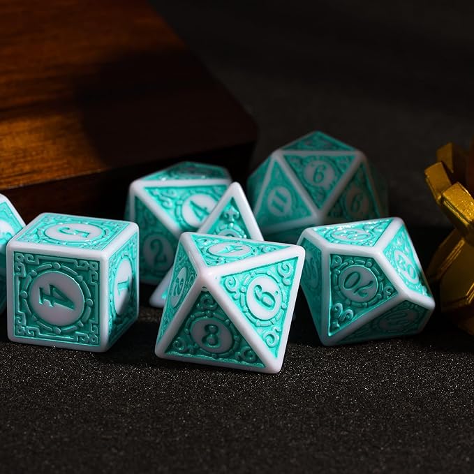 7PCs DND Dice Set, Unique Window Lattice Pattern D&D Dice Set with Leather Dice Bag, Polyhedral Dice for Dungeons and Dragons, RPG, Table Games (Cyan/White)