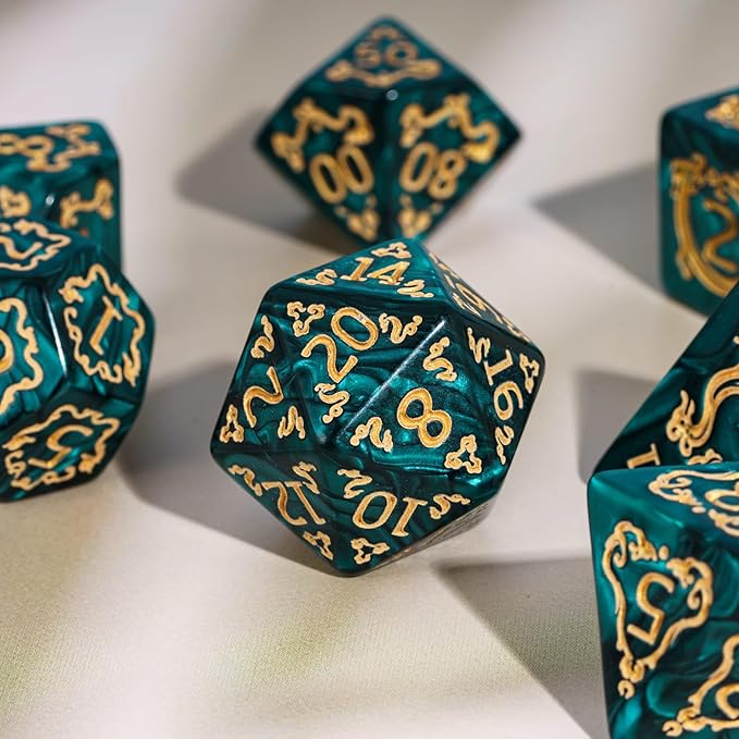 7-Die DND Dice Set Dragon Pattern Polyhedral Dice Set with Leather Bag D&D Dice Set for Dungeons and Dragons RPG MTG Table Games (Green W/Gold Dragon Pattern)