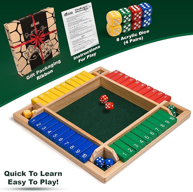 Wooden Shut The Box – Indoor Dice Game – Ideal for 2-4 Players – Great Family Game – Colorful Design - Comfortable Felt – Smart Math Game for Kids – Fun Learning Board Game - Nice Gift Packaging