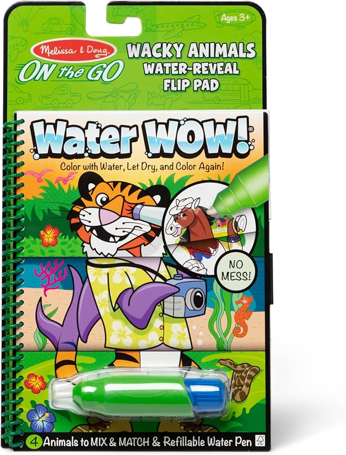 Melissa & Doug On the Go Water Wow! Reusable Water-Reveal Flip Pad - Wacky Animals - Party Favors, Stocking Stuffers, Travel Toys For Toddlers, Mess Free Coloring Books For Kids Ages 3+