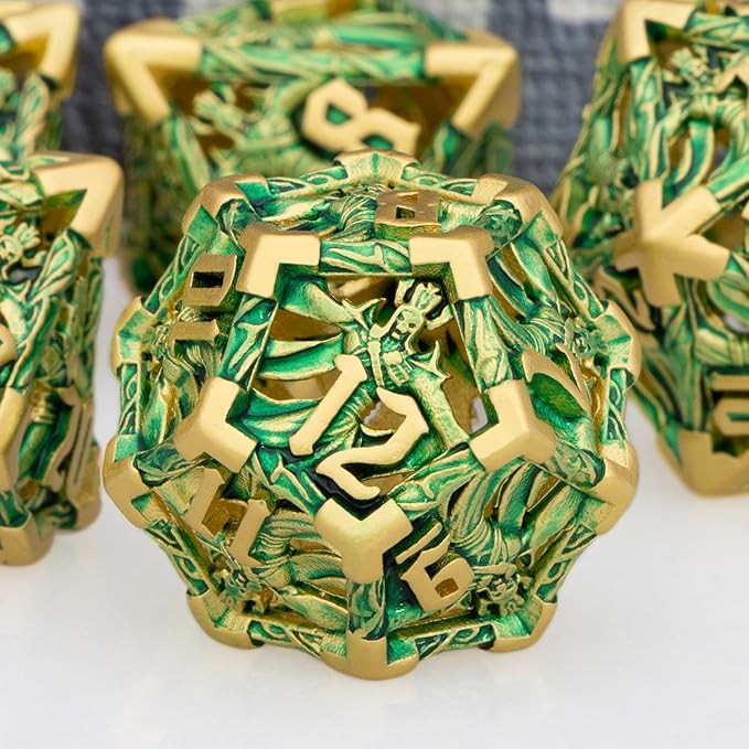 Hollow DND Dice Set Metal Wizard Dice with Box, 7pcs Green Polyhedral D and D Dice for use with D&D RPG Tabletop Games Role Playing Game