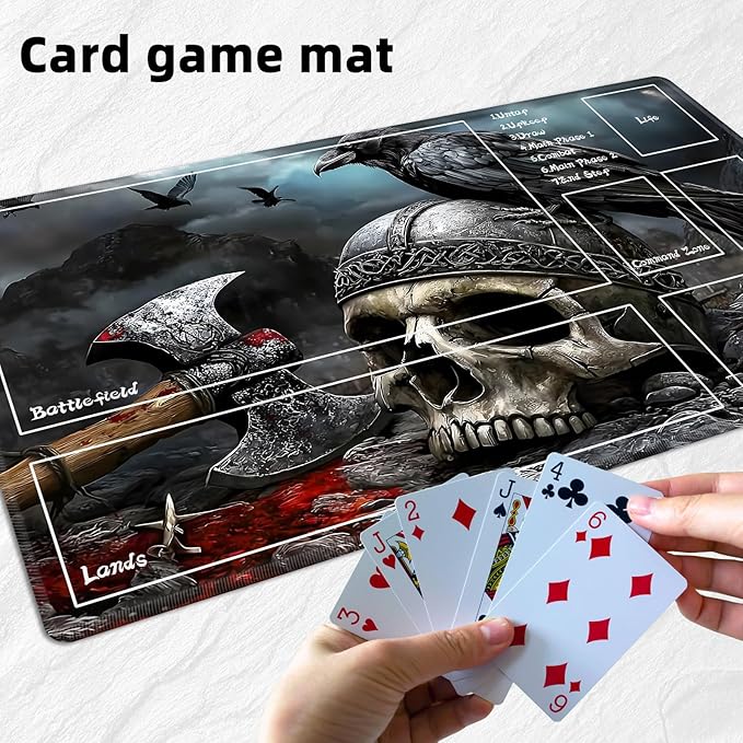 for MTG Playmat with Zones Storage Bag, for TCG Playmat and Playing Card Mat for Magic Board Games, Skull Axe Non-Slip Stitched Edges Game Mat, Rollable Foldable Card Playmats