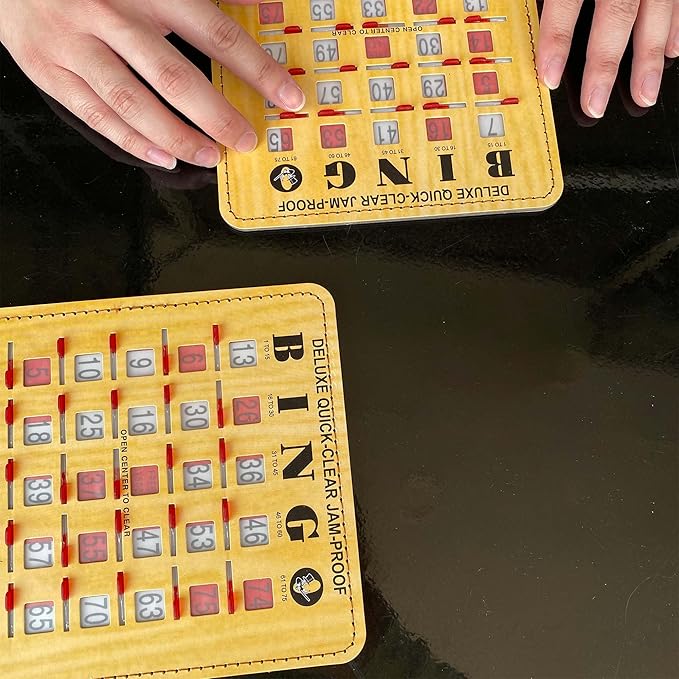 MR CHIPS Jam-Proof Quick-Clear Deluxe Fingertip Slide Bingo Cards with Sliding Windows 200 Pack in Woodgrain Style