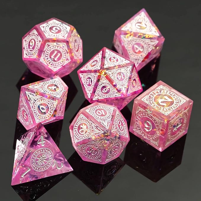 Cusdie 7-Piece Polyhedral DND Dice Set with Sharp Edges, Handcrafted Dice Featuring Rune-Inspired Designs for Role Playing Games Pathfinder (Pink)