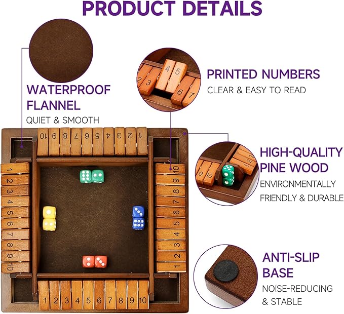 Shut The Box Dice Game, 10 Numbers Traditional Wooden Pub Bar Board Game, Family Classics Tabletop Version Games for Classroom, Party, or Pub