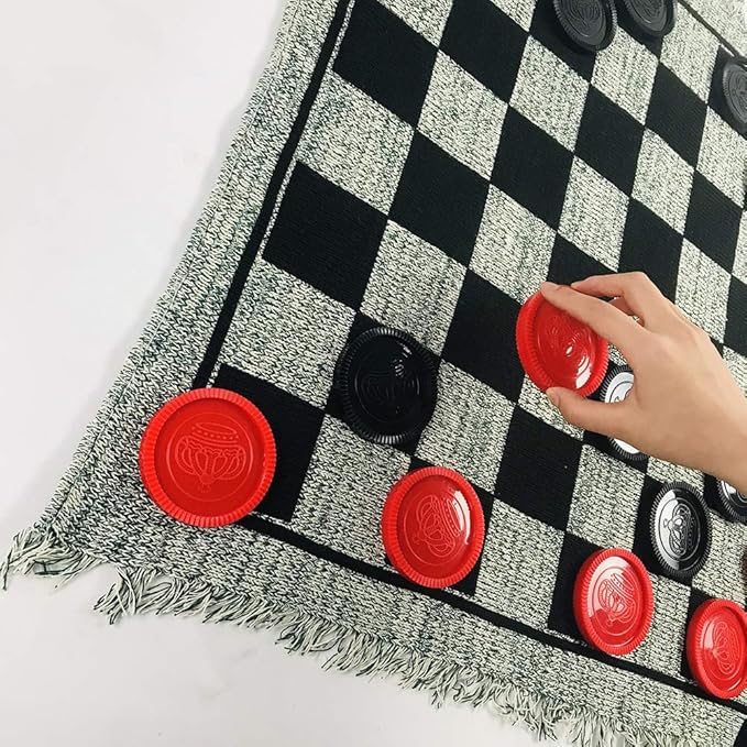 Yuanhe Gaint Checkers Game Set - Large 3 in 1 Checkers Including Tic Tac Toe with Reversible Rug, Calssic Indoor Outdoor Yard Games for Family