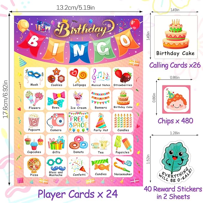 Happy Birthday Bingo Cards, 24 Players Birthday Party Bingo Game for Kids Boys Girls Adults, Fun Game for Family Celebration Favor