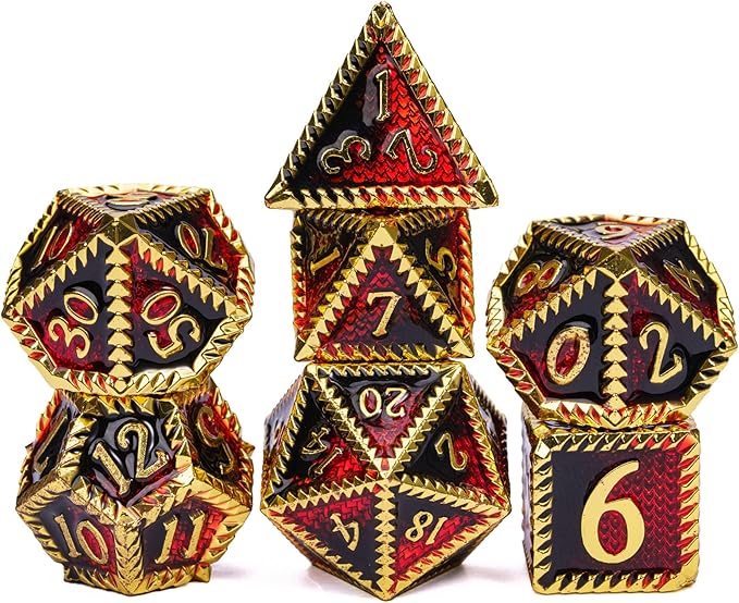 7-Die Metal DND Dice Set, Serrated Design Metal Dice Set 7 Pcs D&D Dice Set for Dungeons and Dragons Role Playing Game(RPG),Pathfinder,Table Game,Board Games(Gold Black Red)