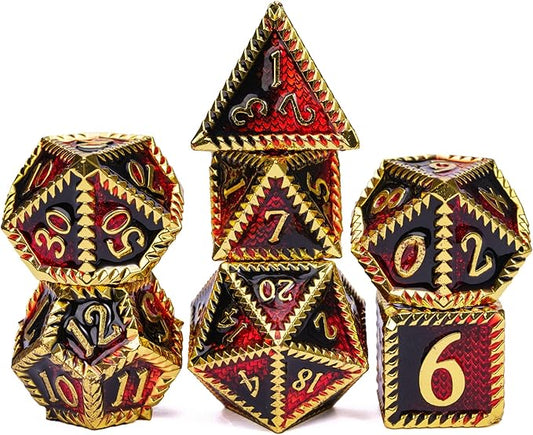 7-Die Metal DND Dice Set, Serrated Design Metal Dice Set 7 Pcs D&D Dice Set for Dungeons and Dragons Role Playing Game(RPG),Pathfinder,Table Game,Board Games(Gold Black Red)