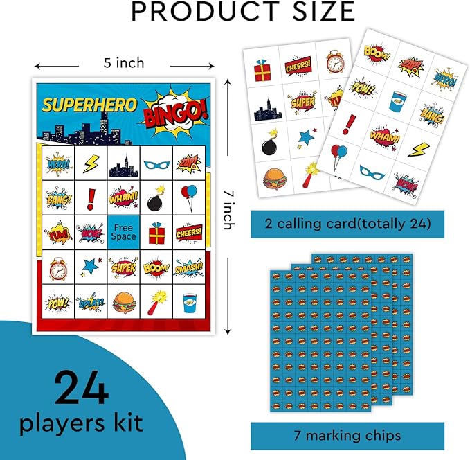 Superhero Bingo Card Set - 24 Players, Activities for Family Party, 5x7 inches Bingo Game Kit, Friends Bingo Game New Year Activities Supplies, Festival Gift for Adult Teen -05