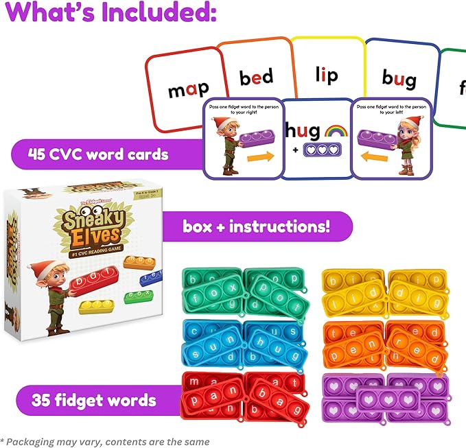 THE FIDGET GAME Sneaky Elves, CVC Sight Words Game, Pop Sensory Toy to Learn and Spell, Educational Kindergarten Classroom Activities, Multisensory Reading and Phonics Flash Cards for Kids 3+ Years