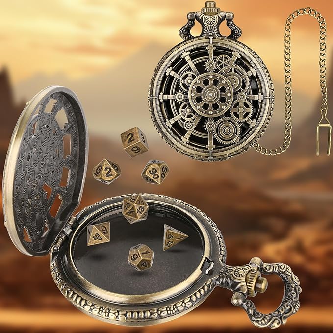 Mini DND Dice Set with Steampunk Hollow Gear Pocket Watch Shell Case, 7pcs Polyhedral Metal D&D Dice, DND Gifts with Gift Box for DND Fans, Role Playing Board Games Accessories