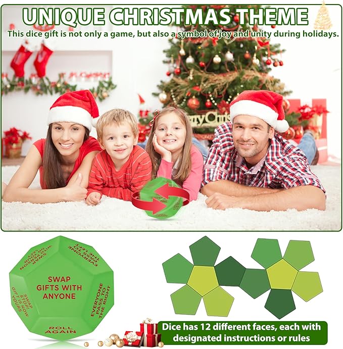 Santa Swap Gift Exchange Dice,2025 New-Exchange Game 12 Different Sides Party Gift Large Dice for Family Friends Holiday Party (1Pcs)