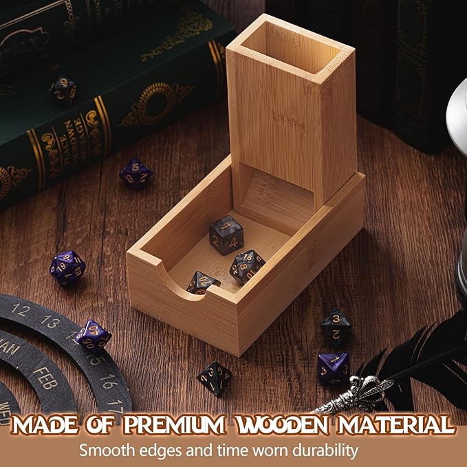 2 Pcs Dice Tower with 14 Polyhedral Dice Set Foldable Wooden Die Dice Roller Castle Collapsible Rolling Case for Tabletop Games, Board Games