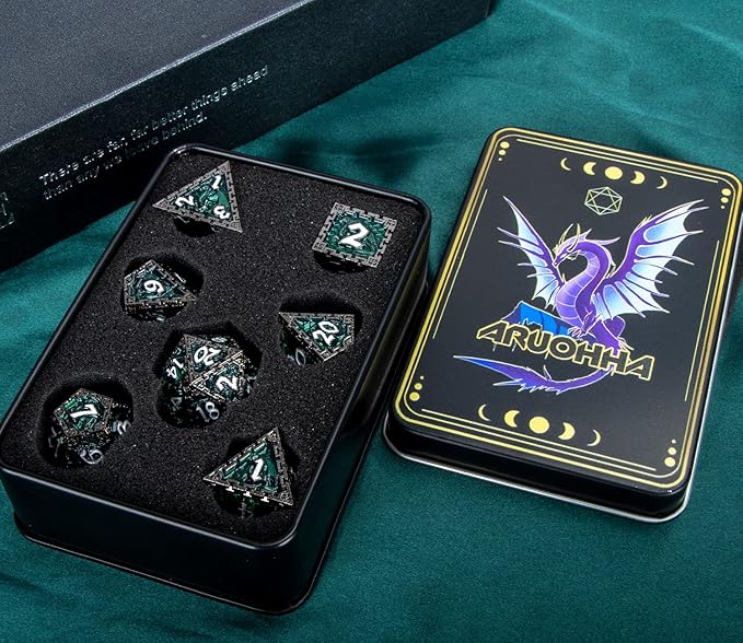 ARUOHHA 7pcs DND Metal Dice Set Polyhedral RPG Role Playing Game D and D Dice with Gift Box, D20 D12 D10 D8 D6 D4 (Green)
