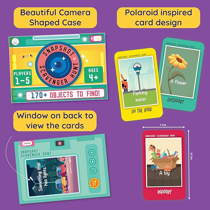 Snapshot Scavenger Hunt for Kids Ages 4-8, Indoor Outdoor Game. 170+ Objects & Prompts. Find and Seek Scavenger Hunt Card Game. Outdoor Activities and Scavenger Hunt for car Ride