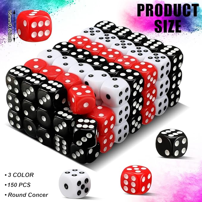 Poen 150 Packs Standard Game Dices Bulk 16mm Acrylic Casino Dice D6 for Board Activities, Birthday Party Supply(Black, Red, White,Round Corner)