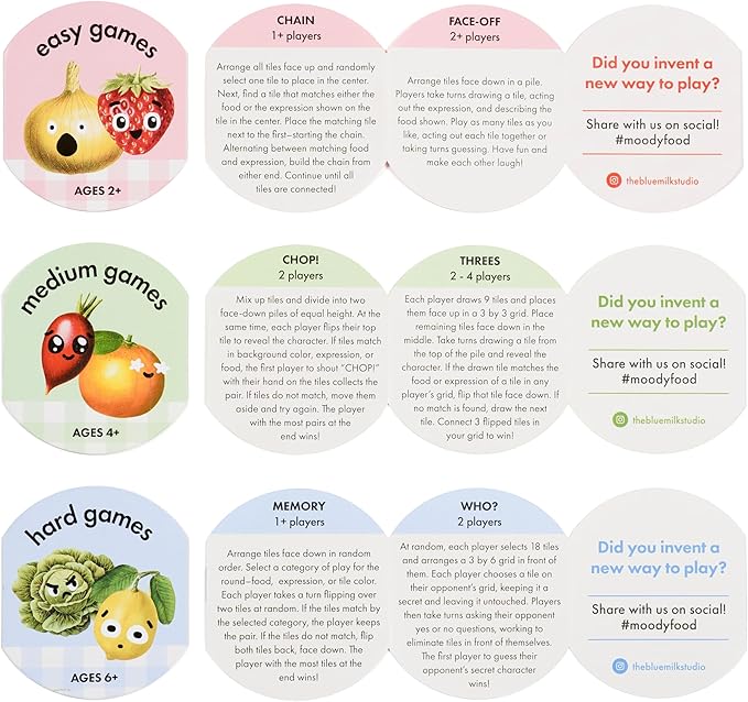 BlueMilk Moody Food by Chunky Deli | A New Twist on 6 Classic Card Games for Family Game Night Parties with Toddlers, Kids, and Adults 2+ Player, 3 Levels of Play, Easy Medium Hard