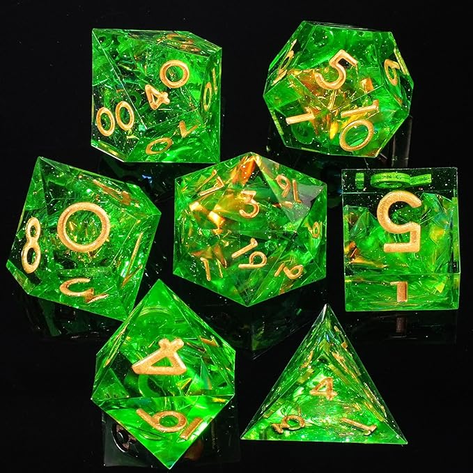 DND Dice Set Sharp Edged Dice Set of 7 DND Faceted Dice Golden Numbers and Beautiful Iron Box Perfect for Dungeons & Dragons RPG and Board Game(Green Gold)