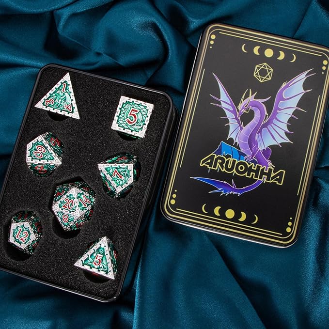 ARUOHHA DND Metal Dice Set 7pcs Green Large Dragon Polyhedral Dice 6 Sided Role Playing Game Handmade D and D Dice D20 D12 D10 D8 D6 D4