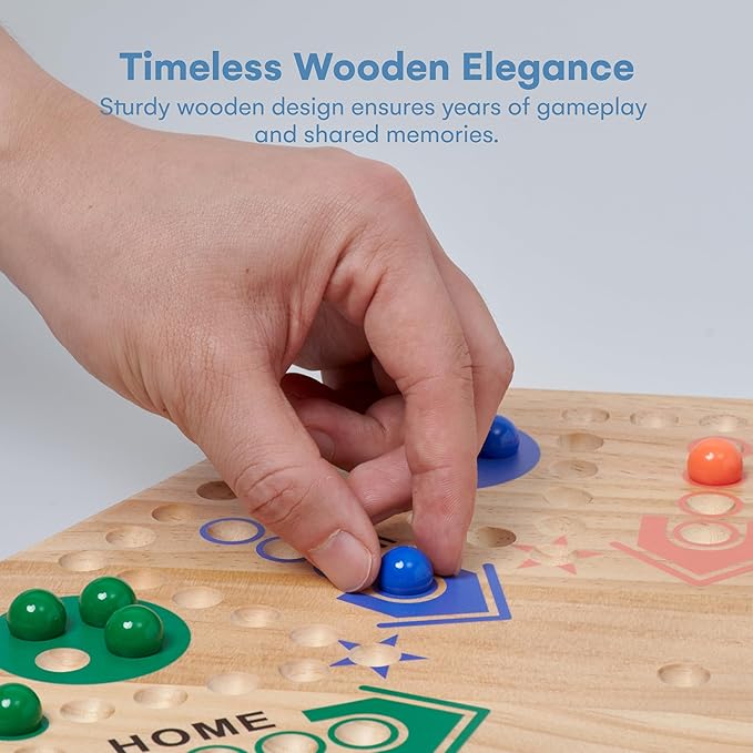 Flybold Wooden Marble Board Game Set for Adults and Kids - 6-Player Classic Strategy Game with Dice and Storage Bag - Durable Wooden Game Board for Family Fun, Indoor Parties, Picnics and BBQ Events