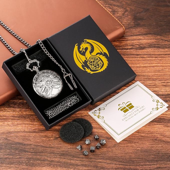 Mini DND Dice Set Steampunk One-Eye Octopus Pocket Watch Case, 7-Piece Polyhedral Metal D&D Dice Set, DND Gifts with Gift Box, Role Playing Board Game Accessories Dice, Dark Silver