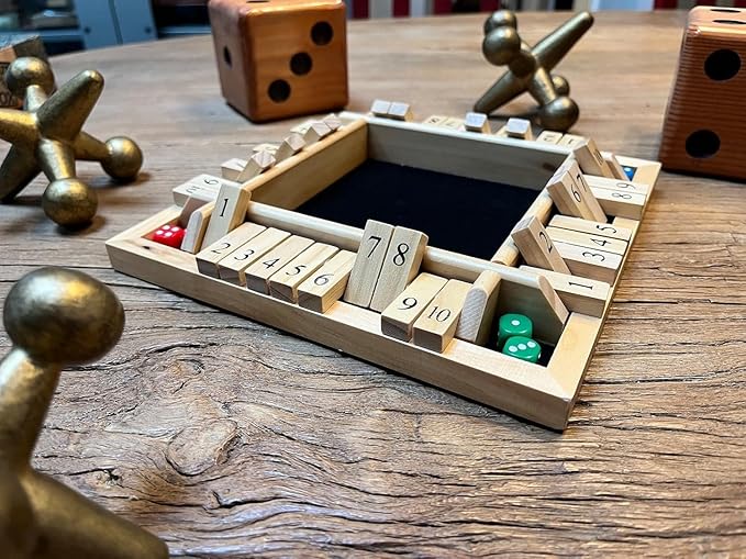 WE Games Shut The Box Wooden Board Game - Classic 4 Player Table Top Math Dice Game, Natural Wood, 8.5 in. Travel Size, 10 Numbers, for Families and Adults