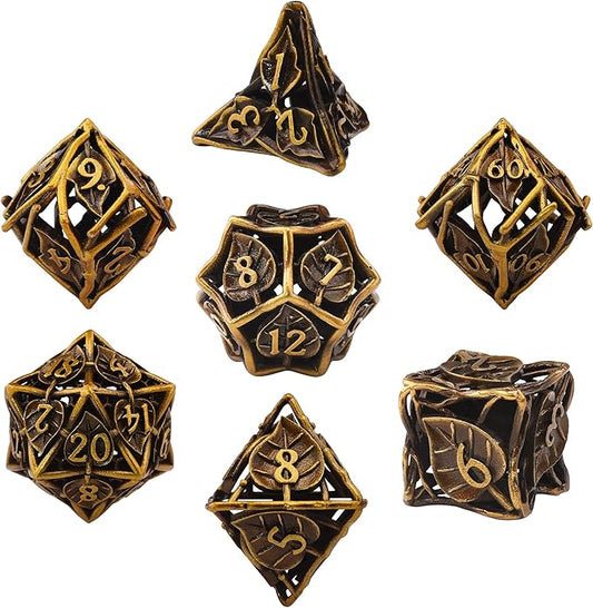 AUSTOR 7 Pieces DND Dice Set Leaf Metal Hollow Polyhedral Dice D20 D12 D10 D% D8 D6 D4 with Metal Box for Dungeons & Dragons RPG Board Games(Antique Gold)