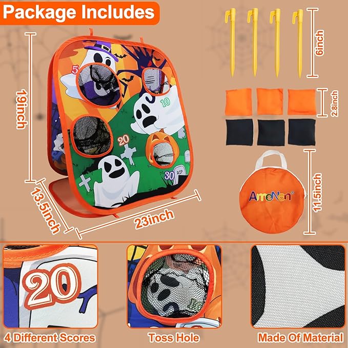 Halloween Party Games for Kids Adults Halloween Bean Bag Toss Game Ghost Double-Sided Board Cornhole 4 Score Holes Halloween Decorations Party Favors Yard Outdoor Indoor Toys Spooky Game (6 Bean Bags)
