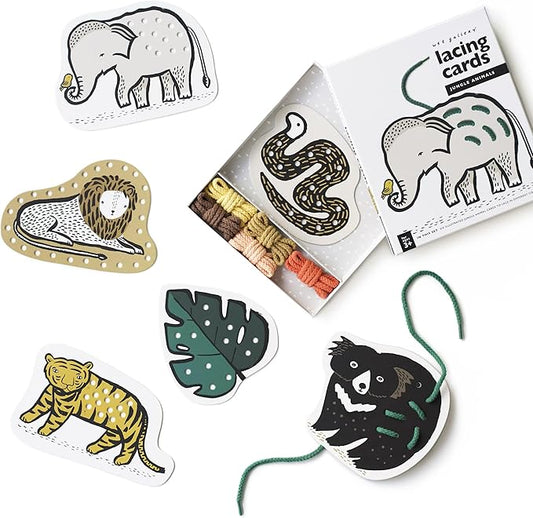Wee Gallery Jungle Animals Lacing Cards for Toddlers, Sewing Board, Preschool Toys, Montessori Learning Activity for Kids, Learn Motor Skills, Colors, Travel Game, with Soy Inks (Ages 3 4 5 Years +)