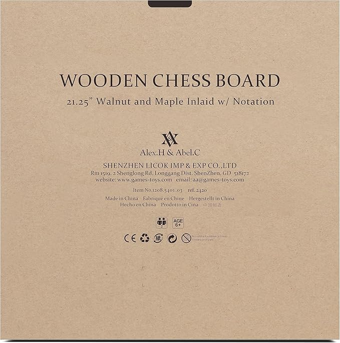 A&A 21.25" Professional Wooden Tournament Chess Board/Walnut & Maple Inlaid / 2.25" Squares w/Notation