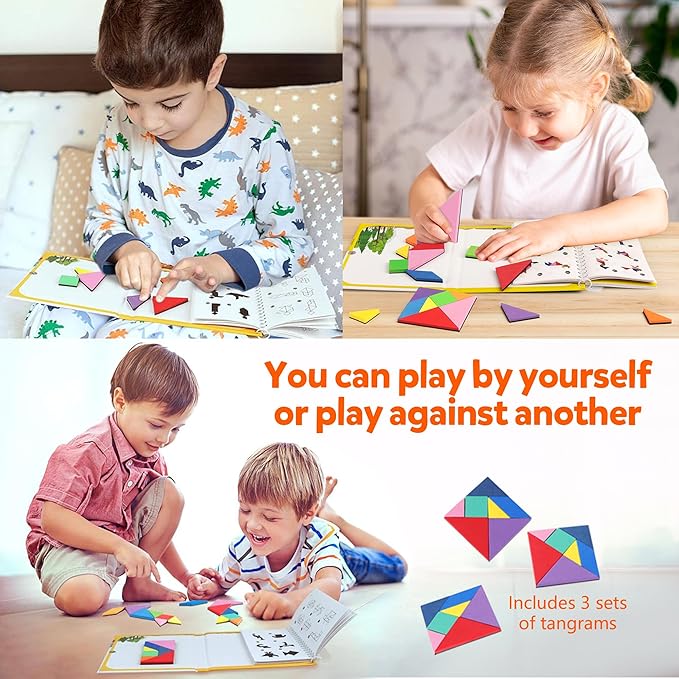 Travel Tangram Puzzle - Magnetic Puzzle Book for Road Trips, STEM Jigsaw Game with 3 Tangram Sets, Patterns Solutions - Brain Teaser IQ Toy for Kids and Adults, Ideal Educational Gift (240)