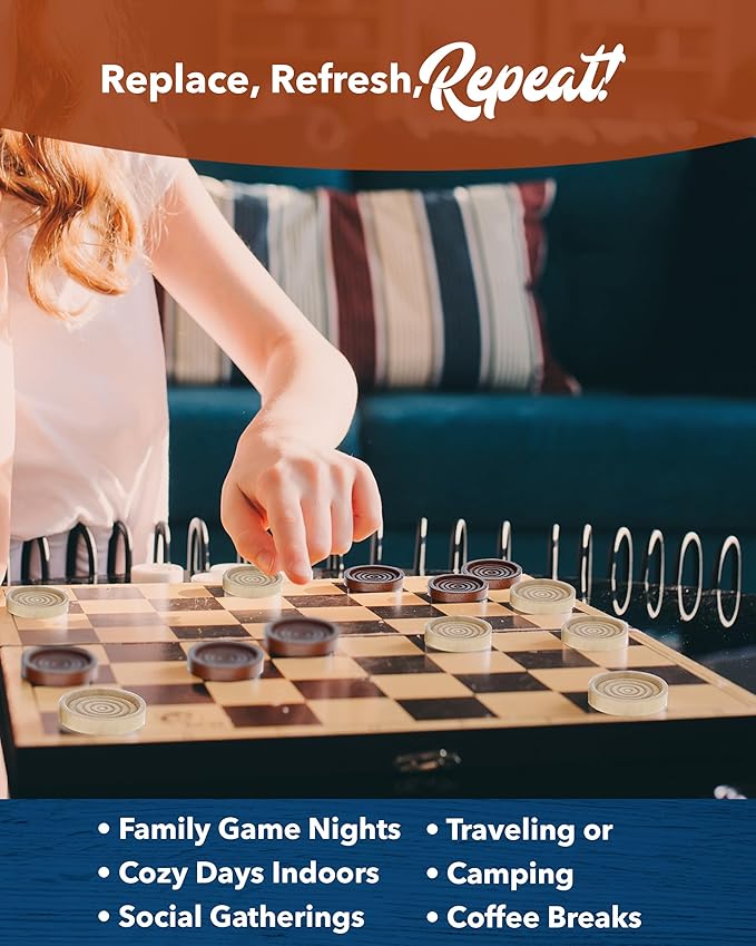 WE Games Wooden Checkers Pieces Only (1.5 inch), Checker Board Game & Backgammon Pieces, 24 Brown and Natural Stained Stackable Ridges with a Drawstring Storage Bag, Replacement Game Piece